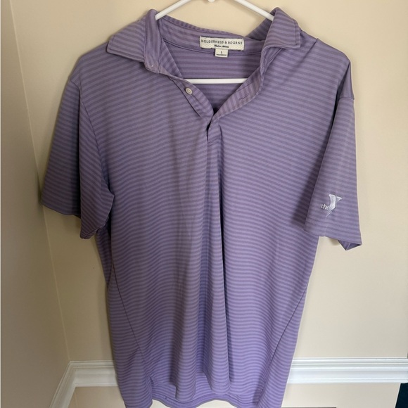 Men’s BRANDED Golf Holderness & Bourne Size Large Purple Striped Polo Shirt - Picture 2 of 7